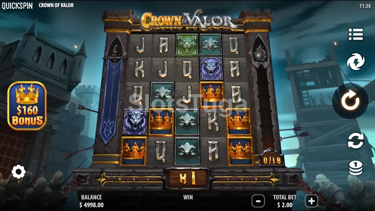 Jogo base da Crown of Valor com grid 5x5 e visual medieval épico