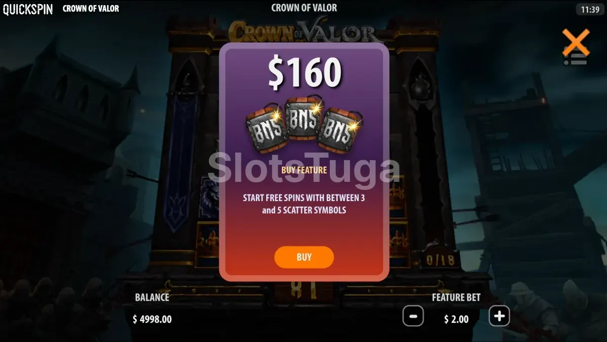 Tela de compra de bonus da Crown of Valor com opção de Bonus Buy por 80x