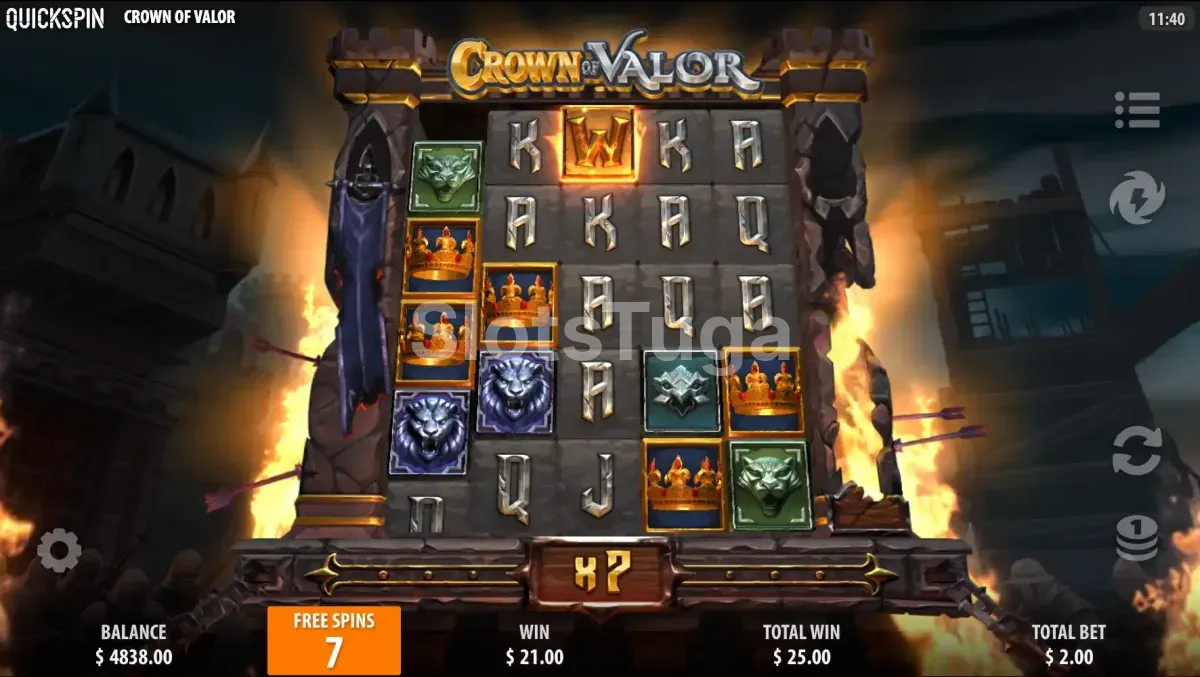 Free spins da Crown of Valor com multiplicador acumulando durante o bonus
