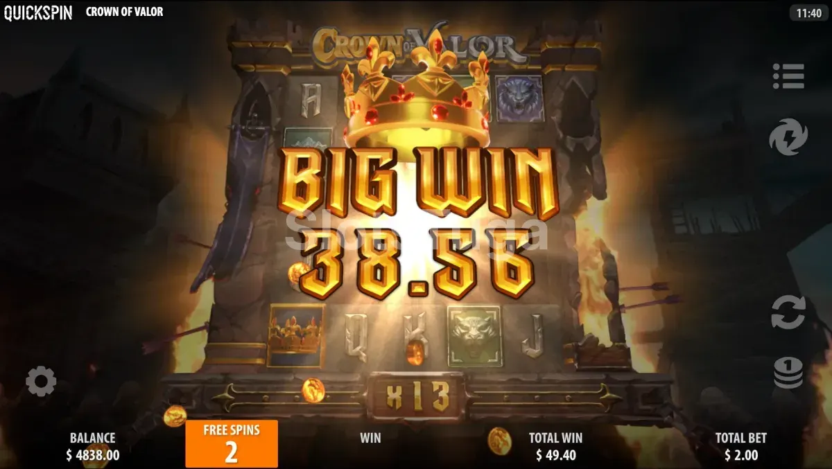 Grande vitória na Crown of Valor com multiplicador alto durante o bonus game