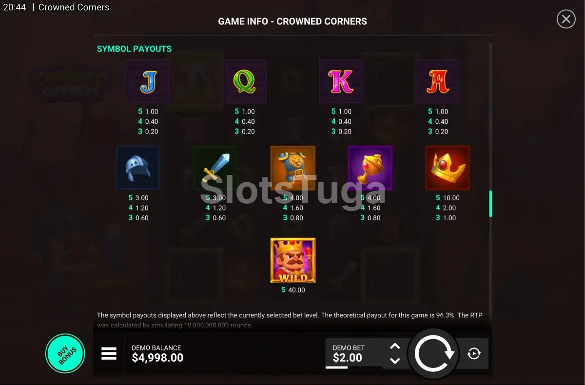 Tabela de pagamentos da Crowned Corners, símbolos e valores