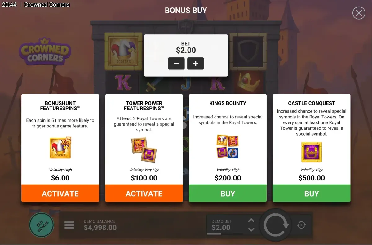 Tela de compra de bônus da Crowned Corners da Hacksaw Gaming