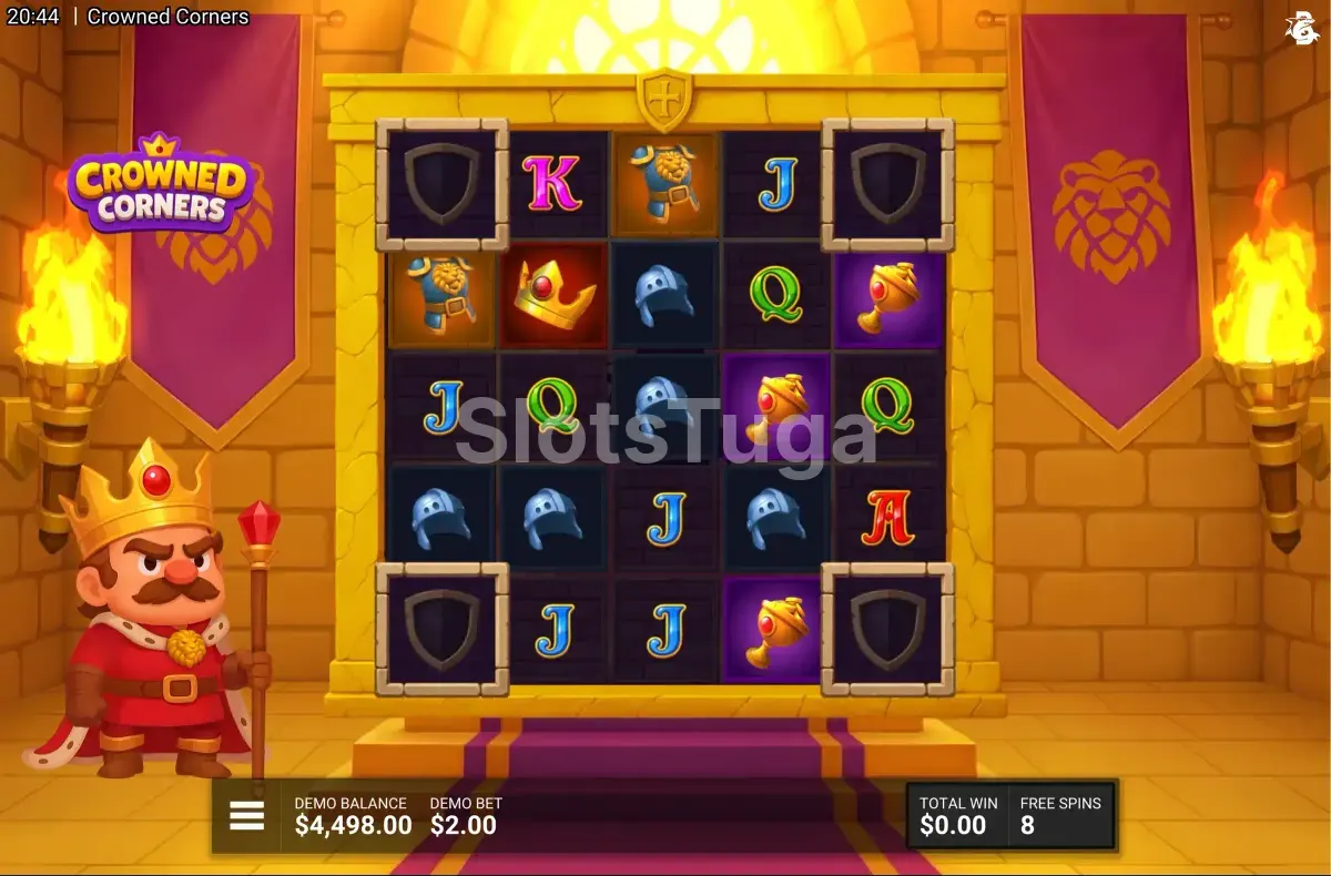 Free spins em ação na slot Crowned Corners com multiplicadores ativos
