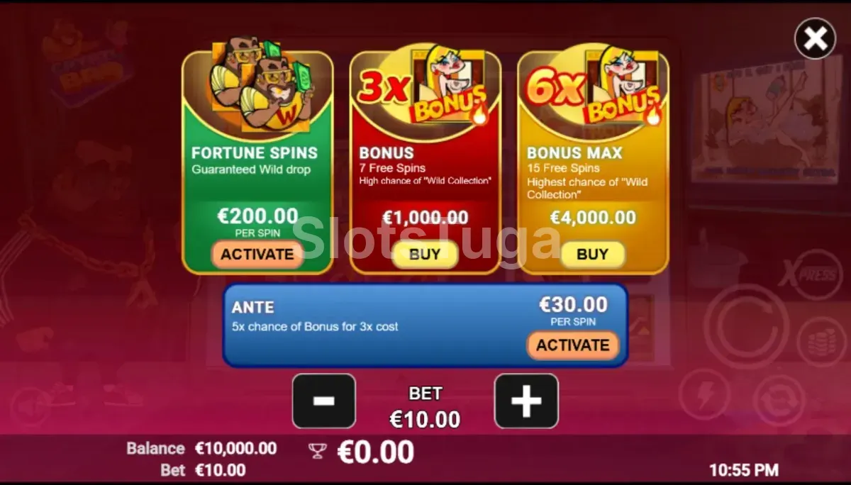 Tela de compra de bônus da slot Crypto Bro com opções disponíveis