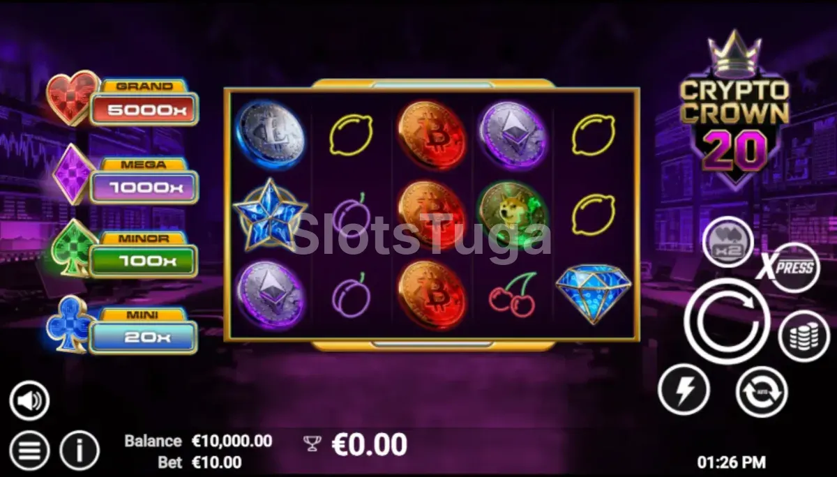 Jogo base da Crypto Crown 20 com símbolos de coroas e cripto