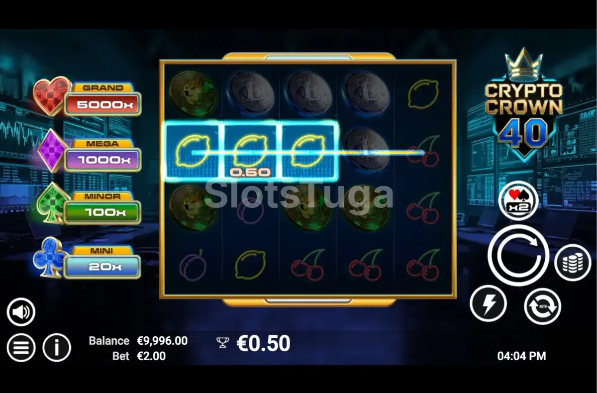 Segunda tela do jogo base da Crypto Crown 40 exibindo combinações vencedoras