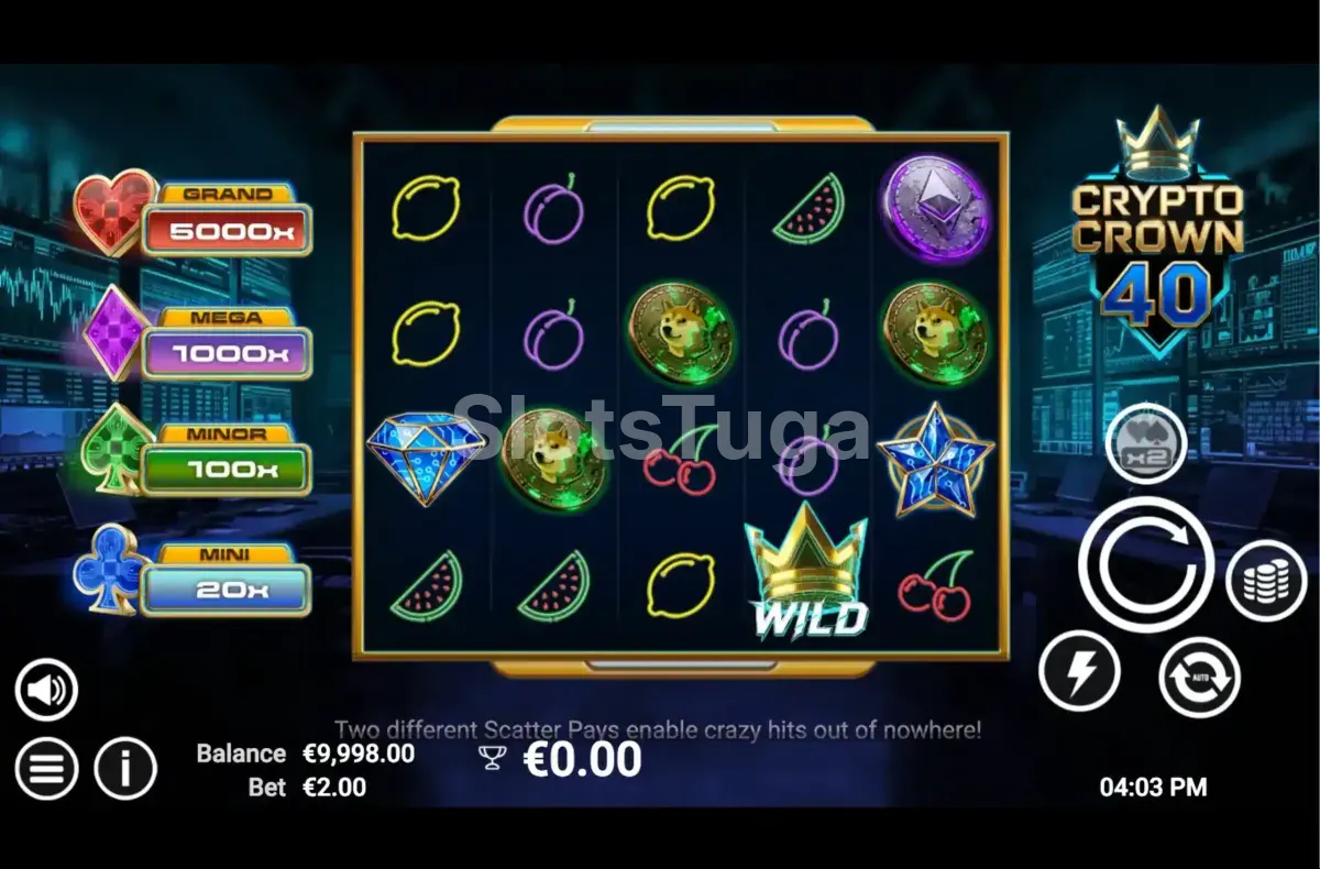 Tela principal do jogo Crypto Crown 40 com os rolos em ação