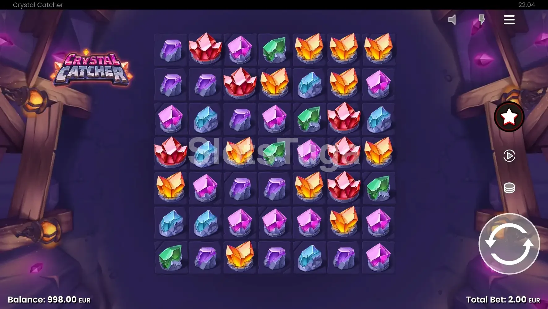 Jogo base do Crystal Catcher com grid 7x7 e cristais coloridos