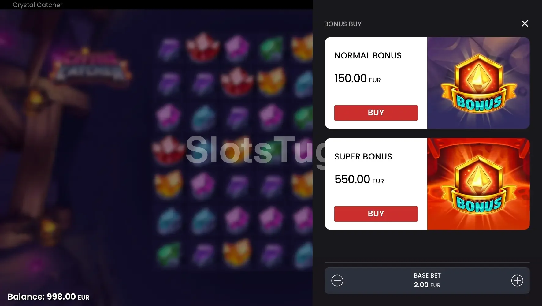 Tela de compra de bônus do Crystal Catcher com opções Normal e Super