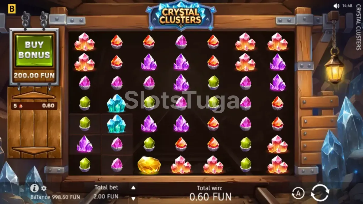 Jogo base do Crystal Clusters com grade 7x7 e cristais coloridos