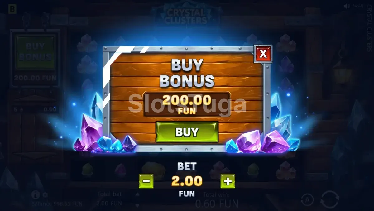 Tela de compra de bônus do Crystal Clusters com opções disponíveis