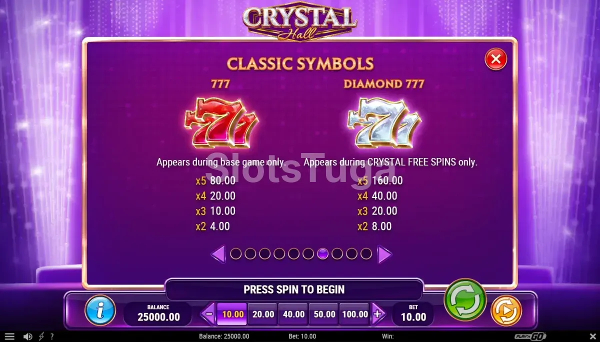 Crystal Hall - tabela de pagamentos com símbolos principais