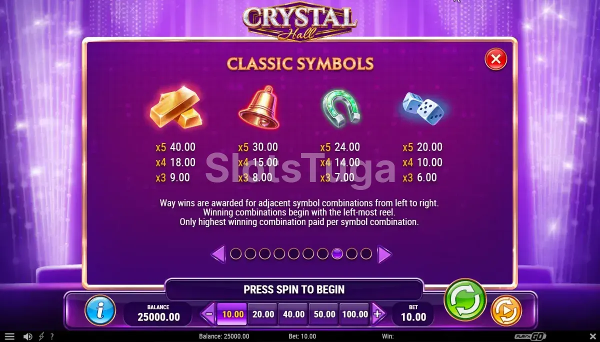 Crystal Hall - tabela de pagamentos com detalhes dos bônus
