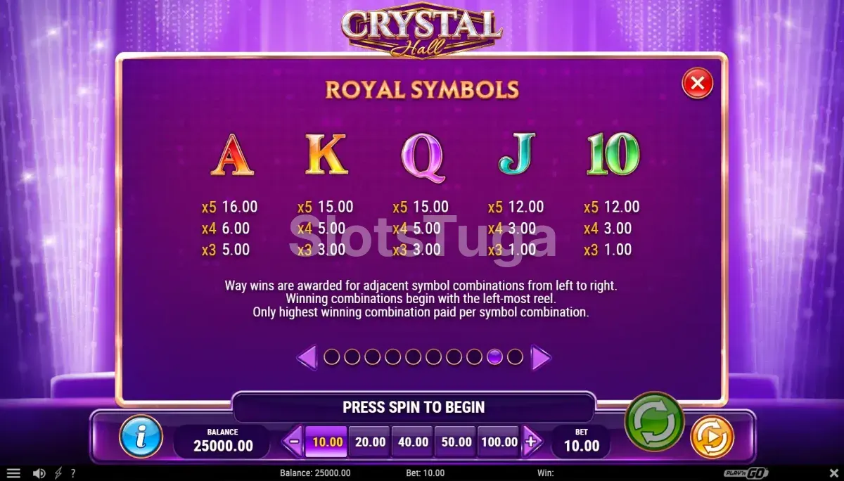 Crystal Hall - mais detalhes da tabela de pagamentos e multiplicadores