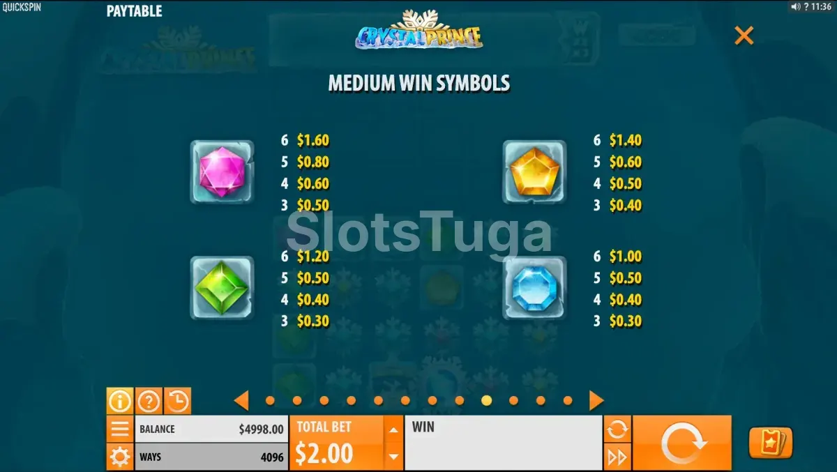 Tabela de pagamentos do Crystal Prince com os símbolos e seus valores