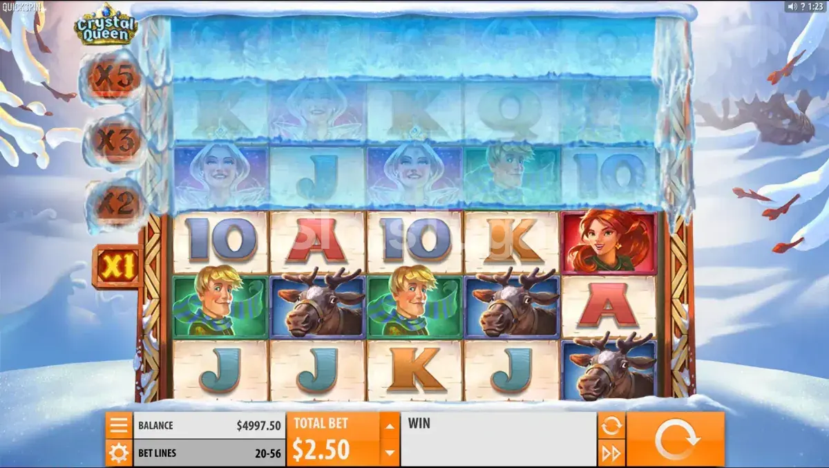 Tela principal do slot Crystal Queen com o cenário nevado e os rolos congelados
