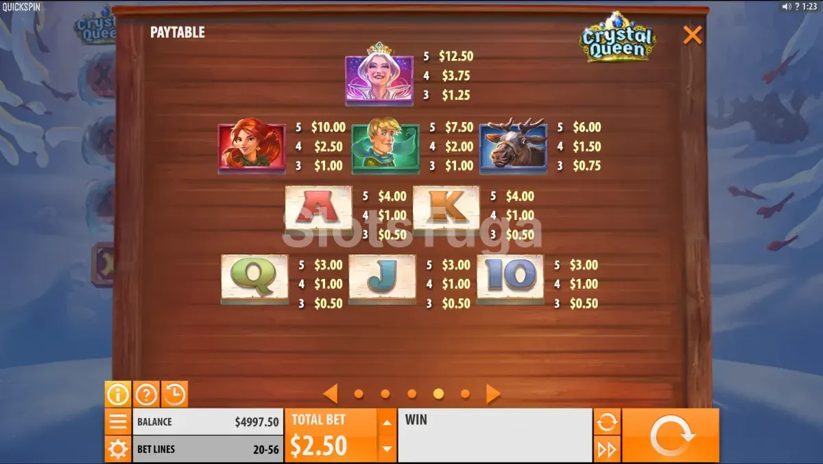 Tabela de pagamentos do Crystal Queen mostrando os símbolos e seus valores