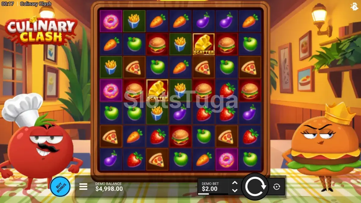 Jogo base da Culinary Clash com grade 7x7 colorida