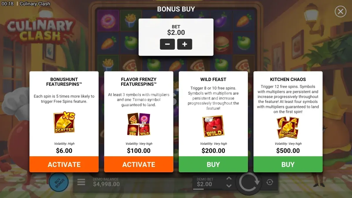 Tela de compra de bônus da Culinary Clash com opções disponíveis