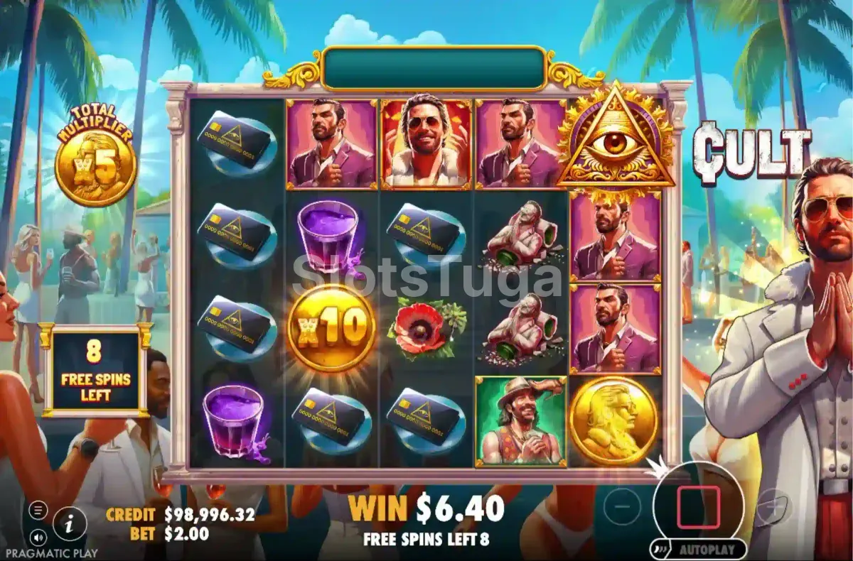 Rodada de free spins da slot Cult com multiplicador acumulado