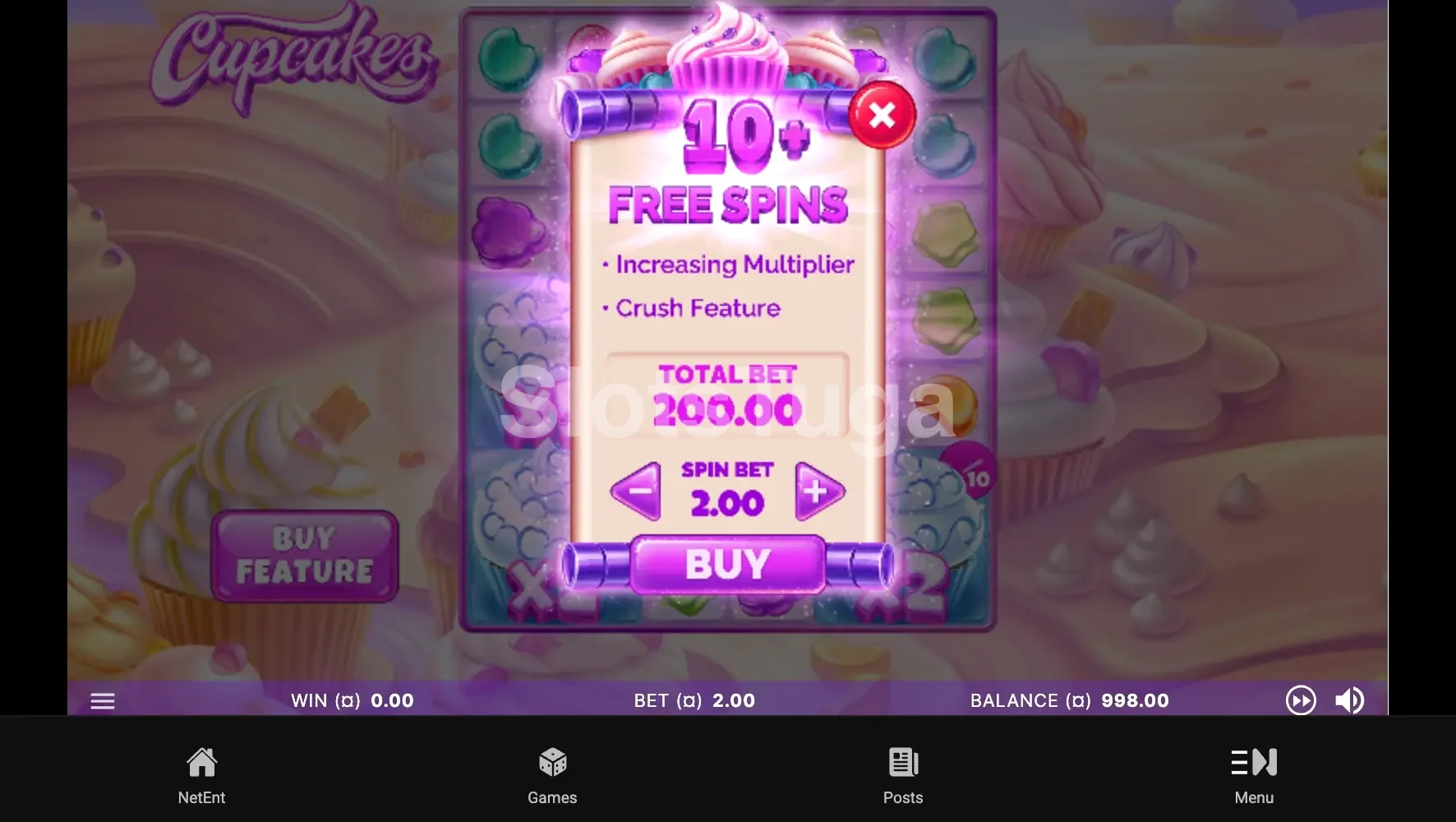 Tela de Bonus Buy da slot Cupcakes com opção de compra direta