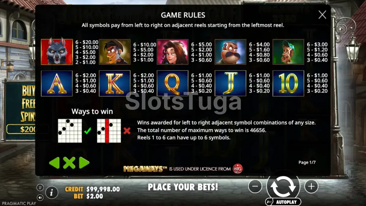 Tabela de pagamentos do Curse of the Werewolf Megaways