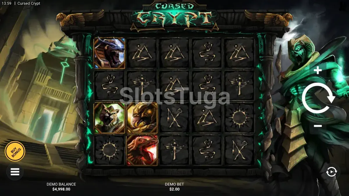 Jogo base do Cursed Crypt com símbolos egípcios sombrios nos rolos