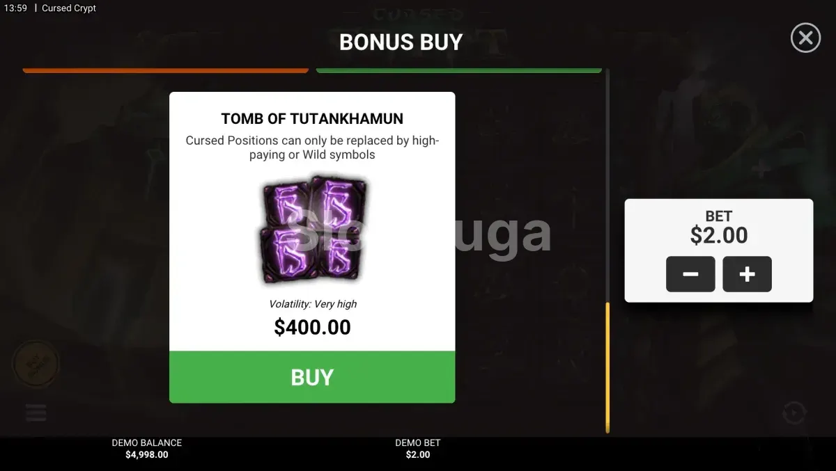 Menu de compra de bônus do Cursed Crypt com opções disponíveis