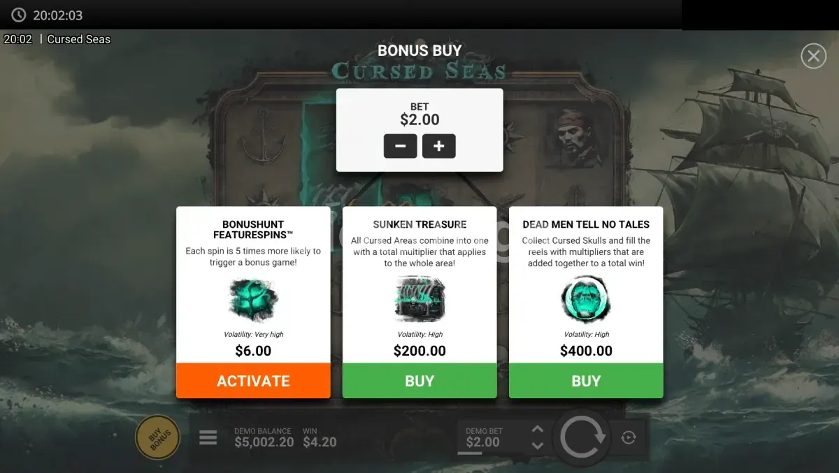 Tela de compra de bônus da Cursed Seas com opções de Bonus Buy