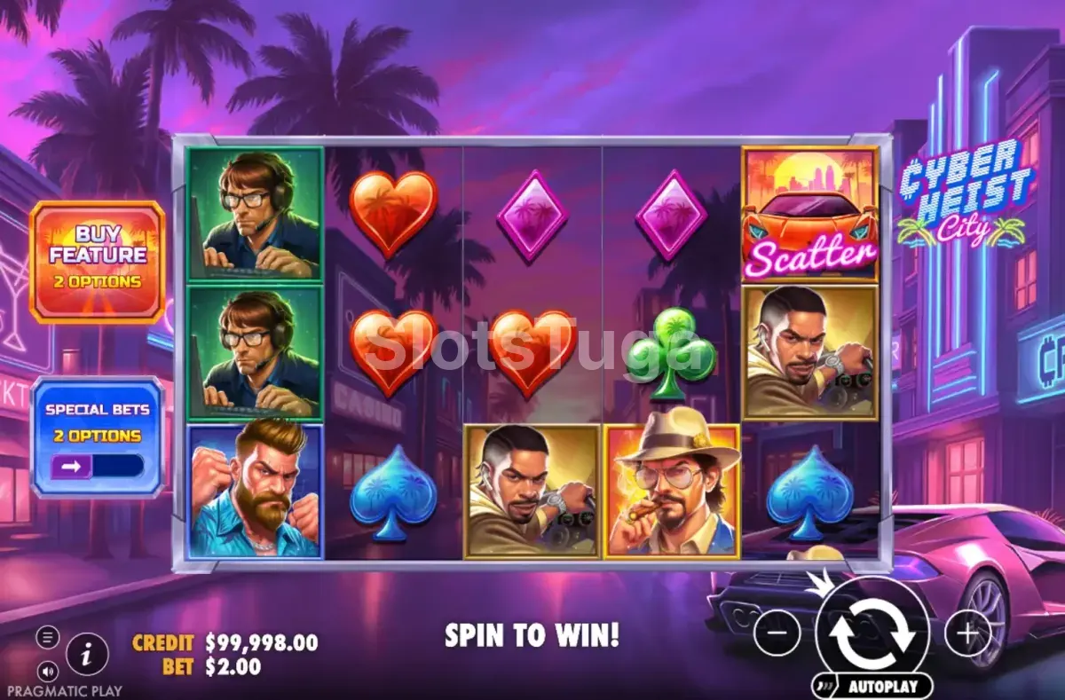 Jogo base da slot Cyberheist City com cenário urbano cyberpunk