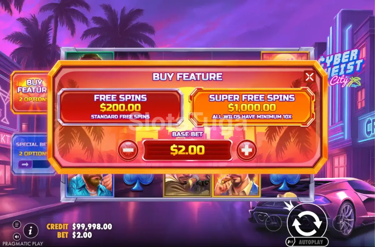 Tela de compra de bônus da slot Cyberheist City com opções de Bonus Buy