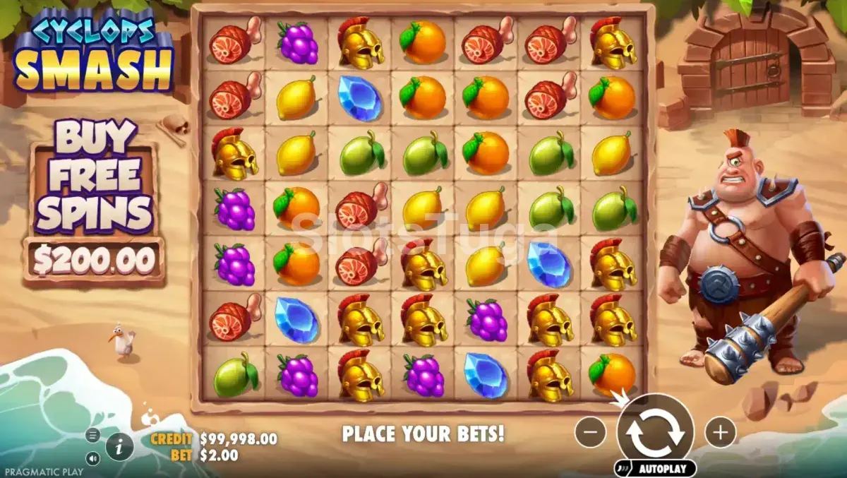 Jogo base da Cyclops Smash com grade 7x7 e ciclope ao fundo