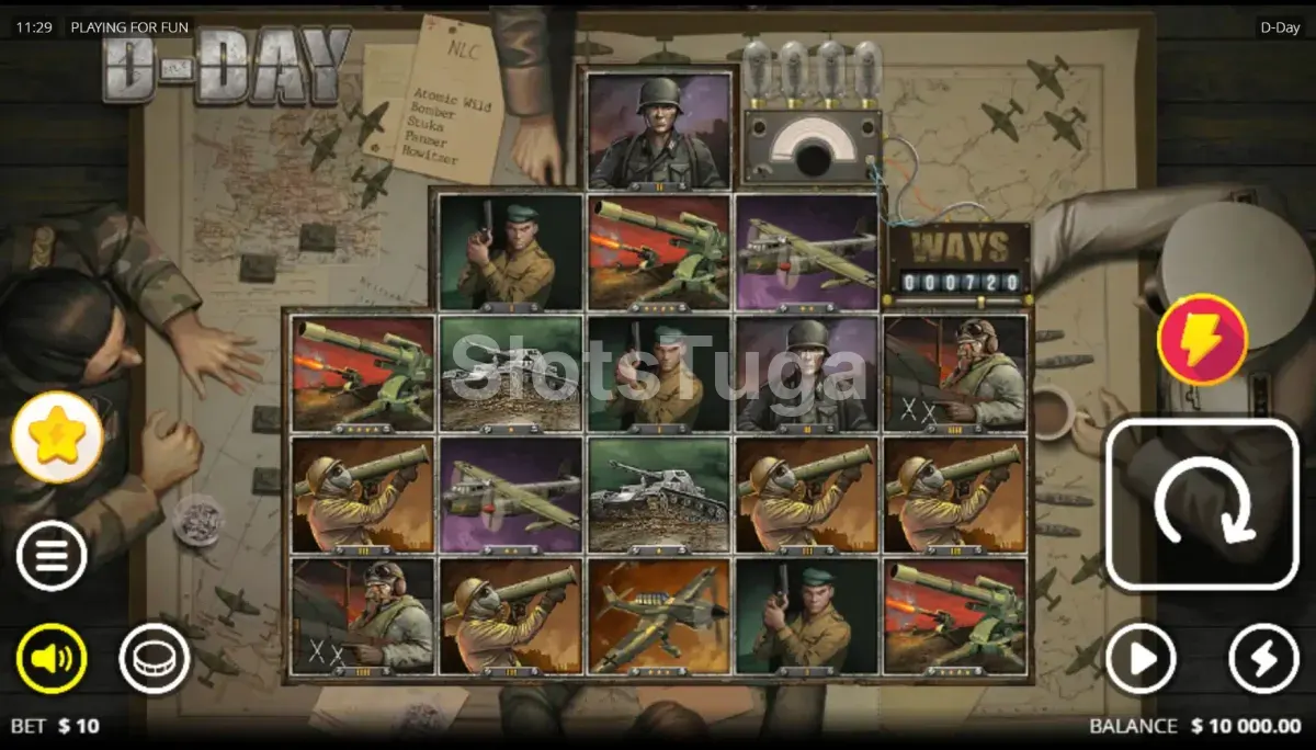 Tela principal da slot D-Day com os rouleaux em ação