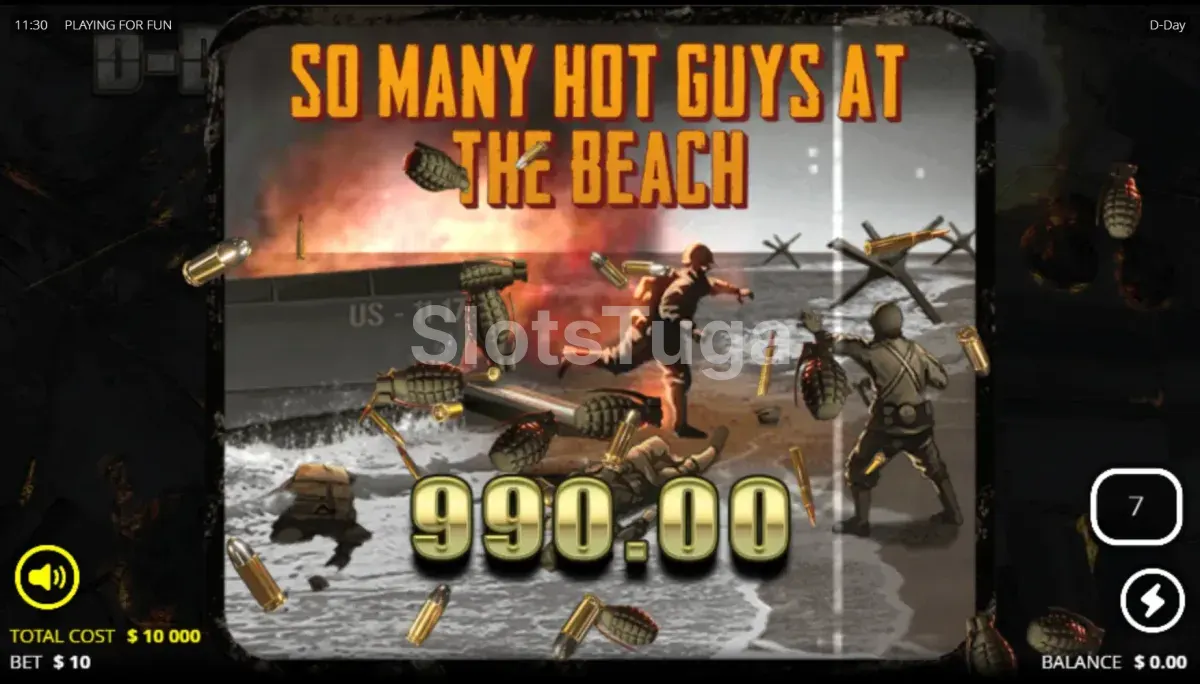 Tela de grande vitória na slot D-Day com multiplicadores maximizados
