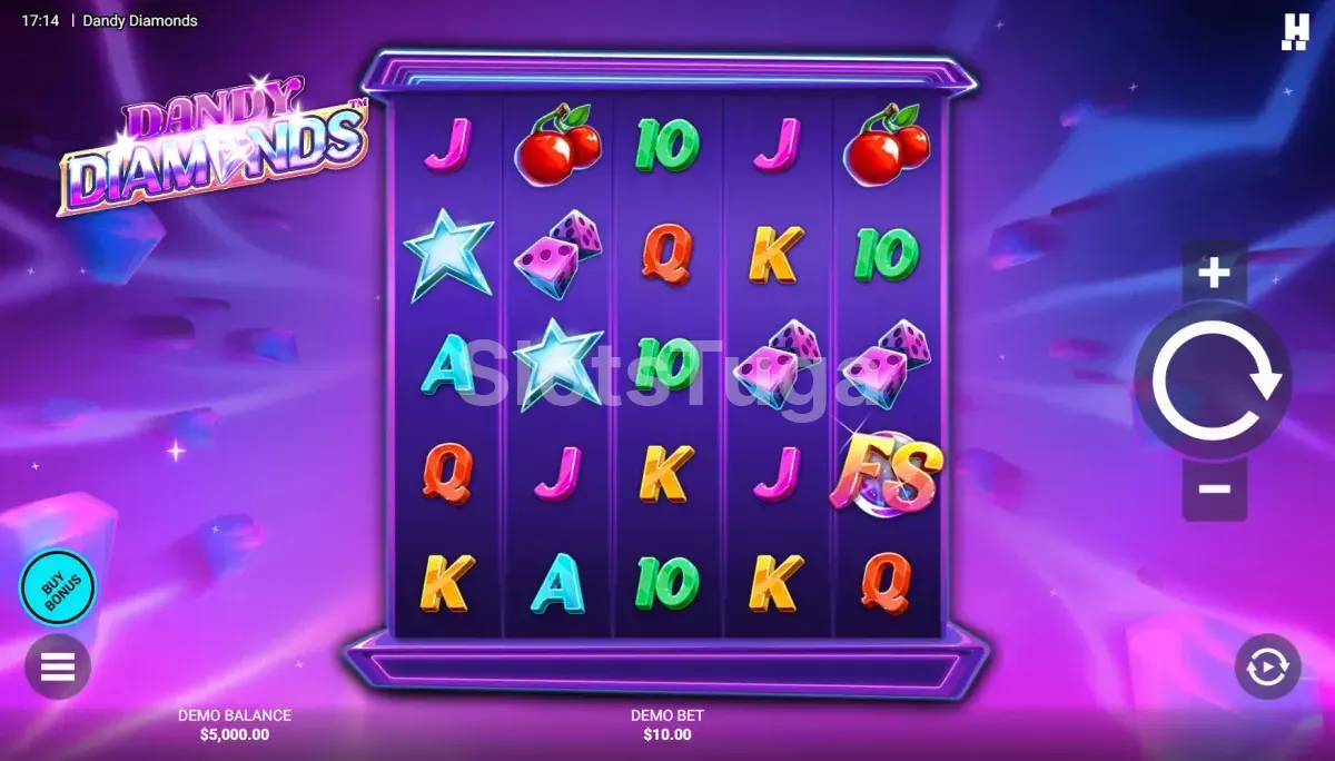 Dandy Diamonds: grelha de cinco por cinco num cenário rosa e roxo néon, com cerejas, estrelas azuis, dados, letras de cartas e um scatter FS, e o botão de compra de bónus no canto inferior esquerdo.