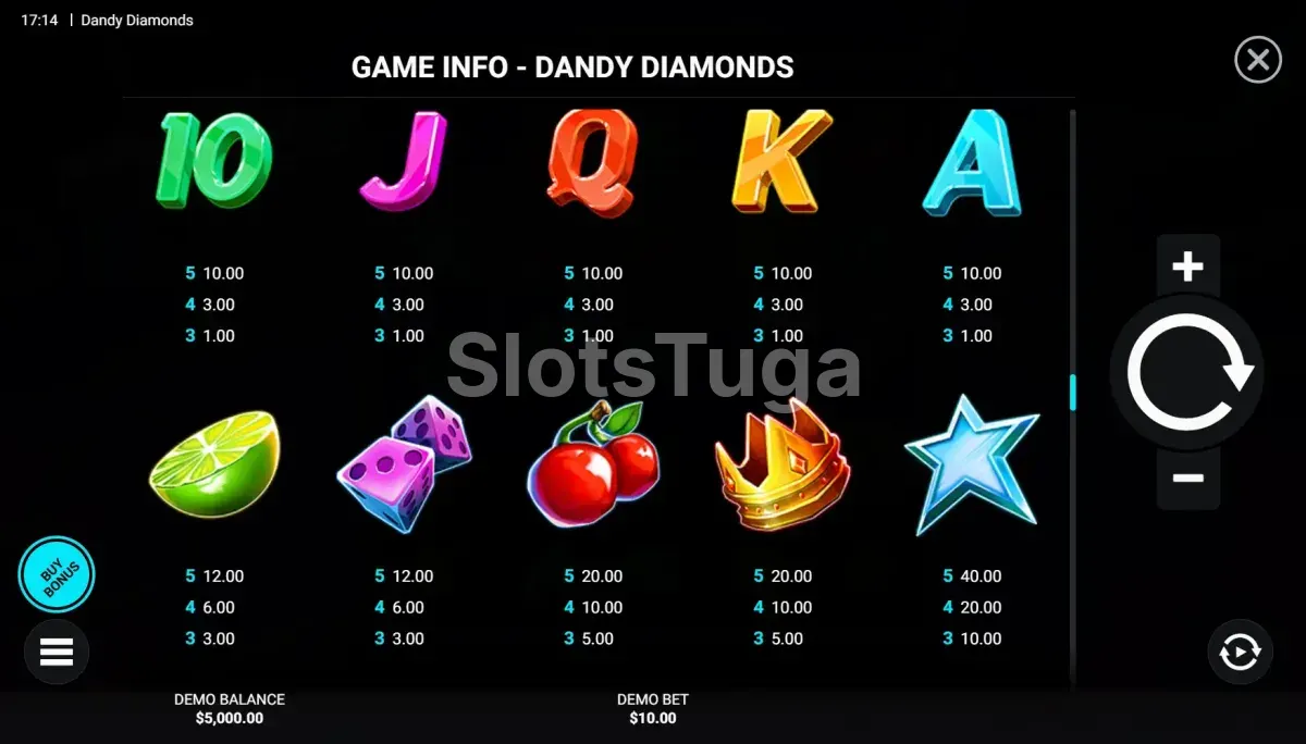 Tabela de pagamentos da Dandy Diamonds mostrando os símbolos e seus valores