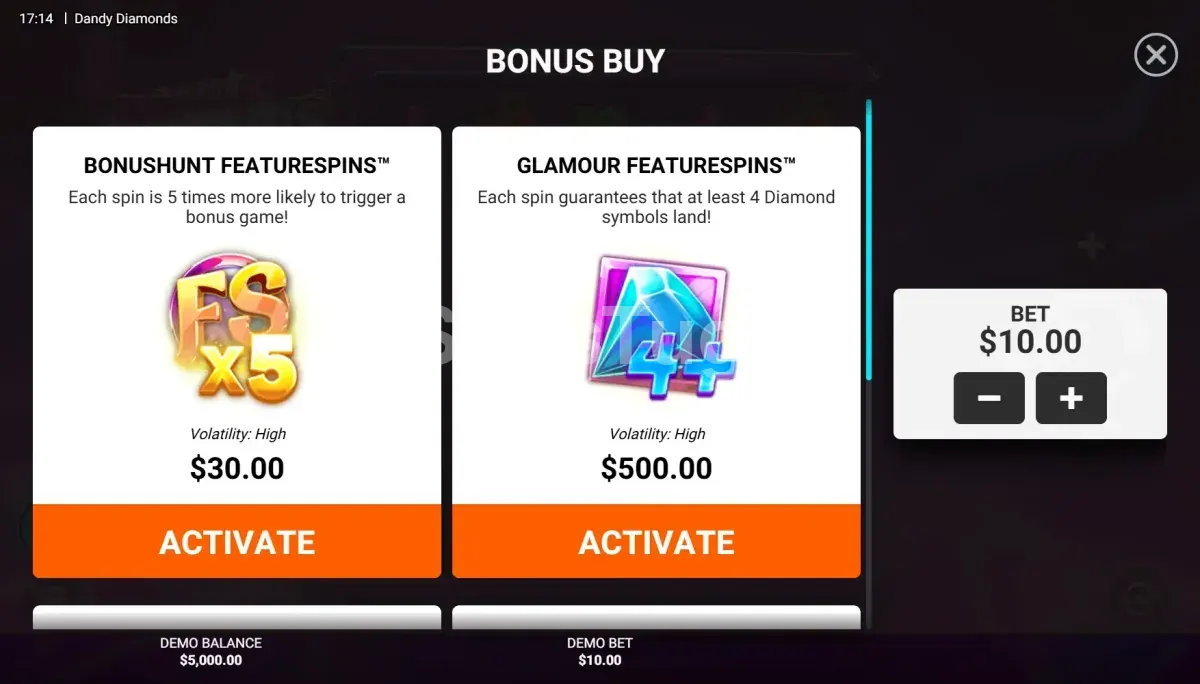 Menu de compra de bônus da Dandy Diamonds com as quatro opções disponíveis