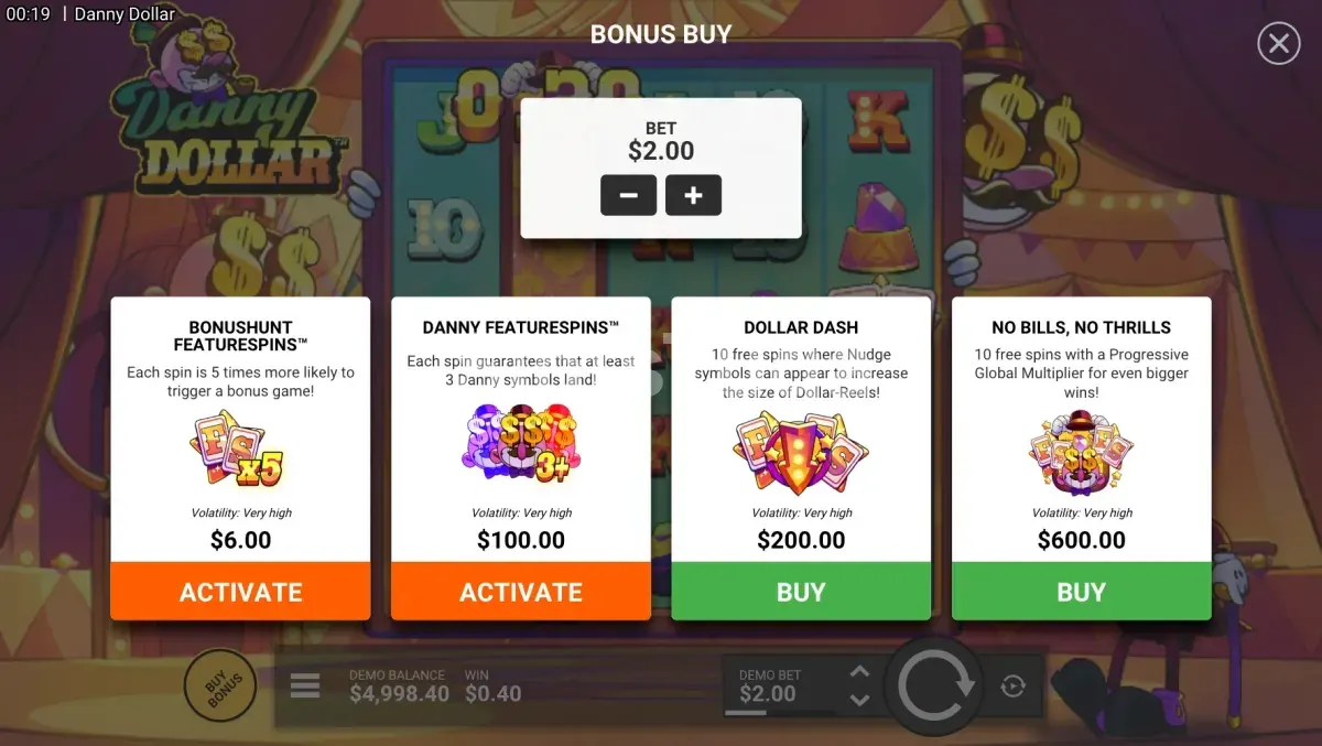 Menu de compra de bônus do Danny Dollar com as quatro opções disponíveis