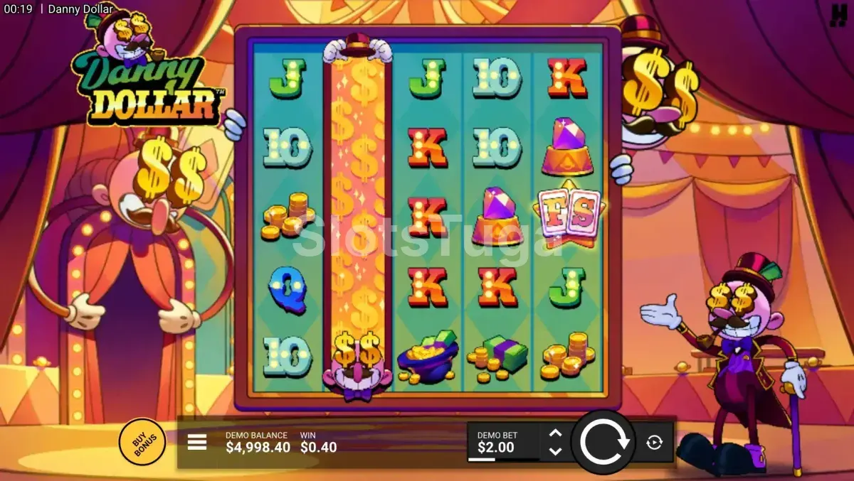 Jogo base do Danny Dollar com seus rolos e símbolos animados