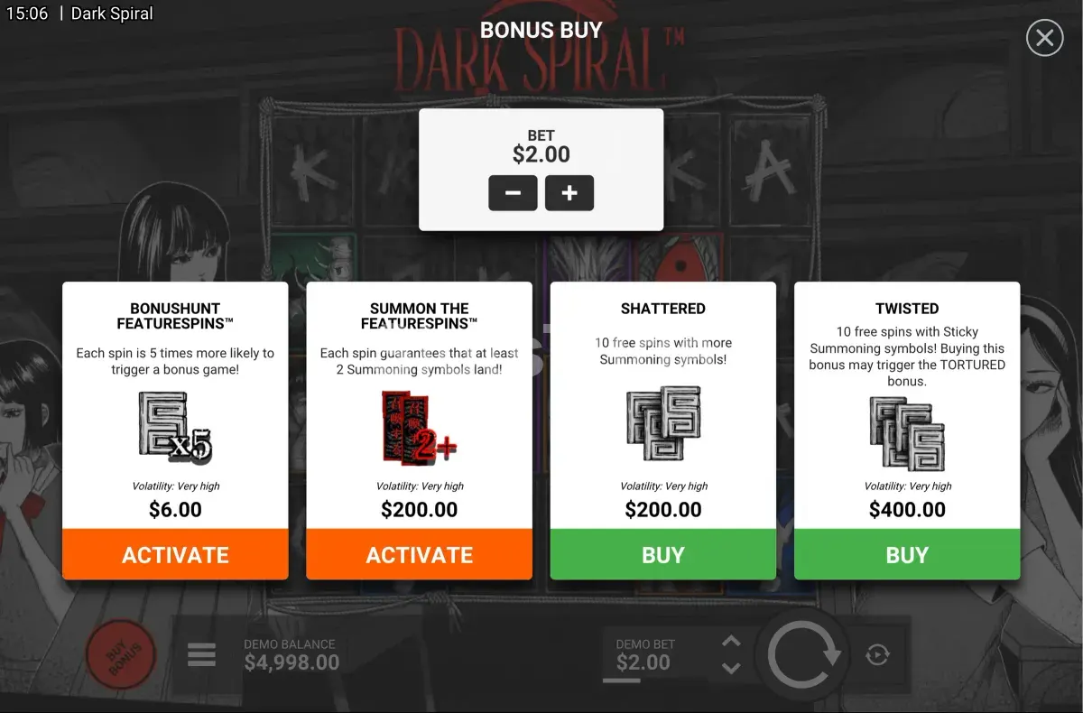 Tela de compra de bônus da Dark Spiral com as opções disponíveis