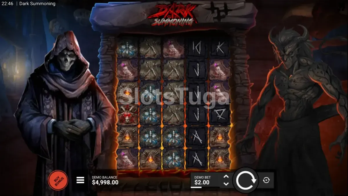 Jogo base da Dark Summoning com grade de 5 rolos e atmosfera sombria