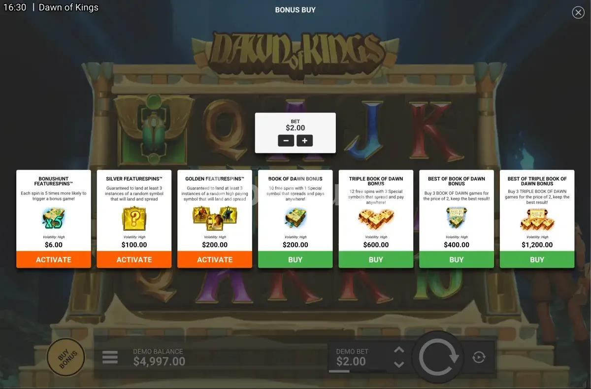 Tela de compra de bônus da Dawn of Kings com as opções disponíveis