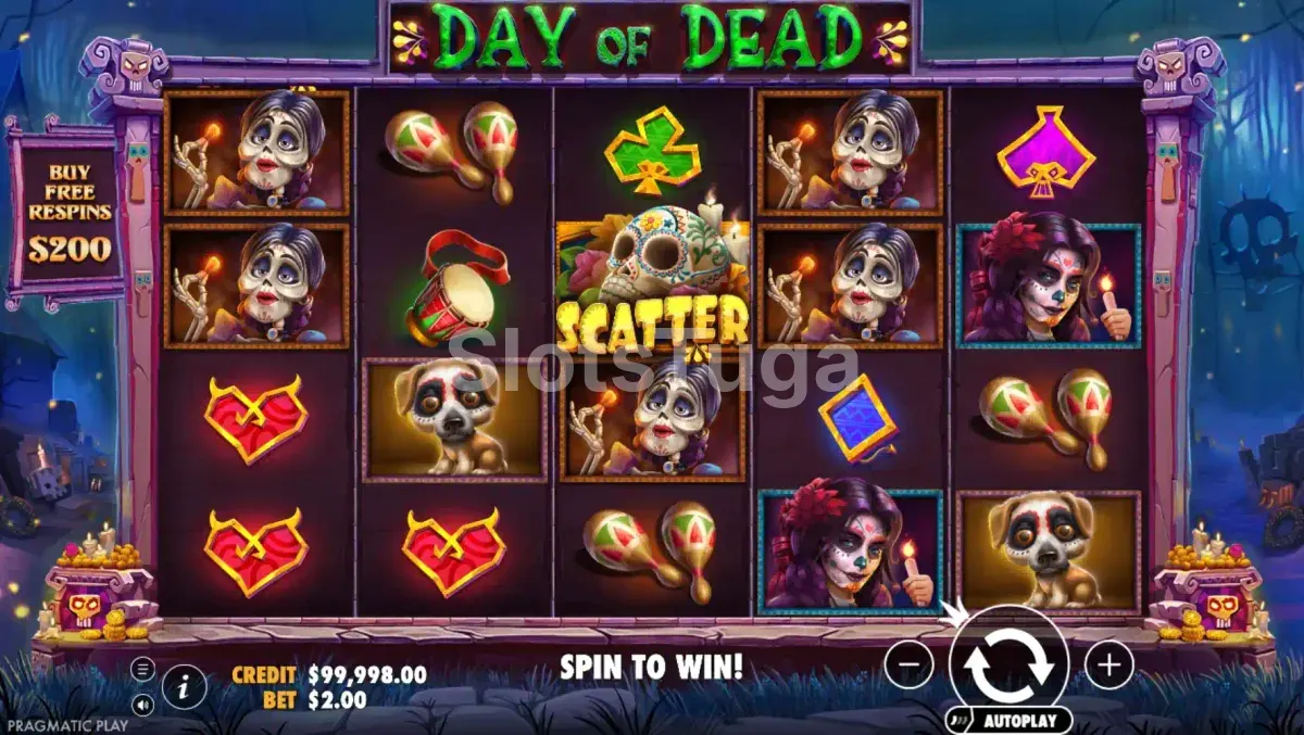 Day of Dead em jogo base: cinco rolos com caveiras pintadas, maracas, tambores e um cão de máscara, o scatter da caveira florida ao centro e altares nos cantos.