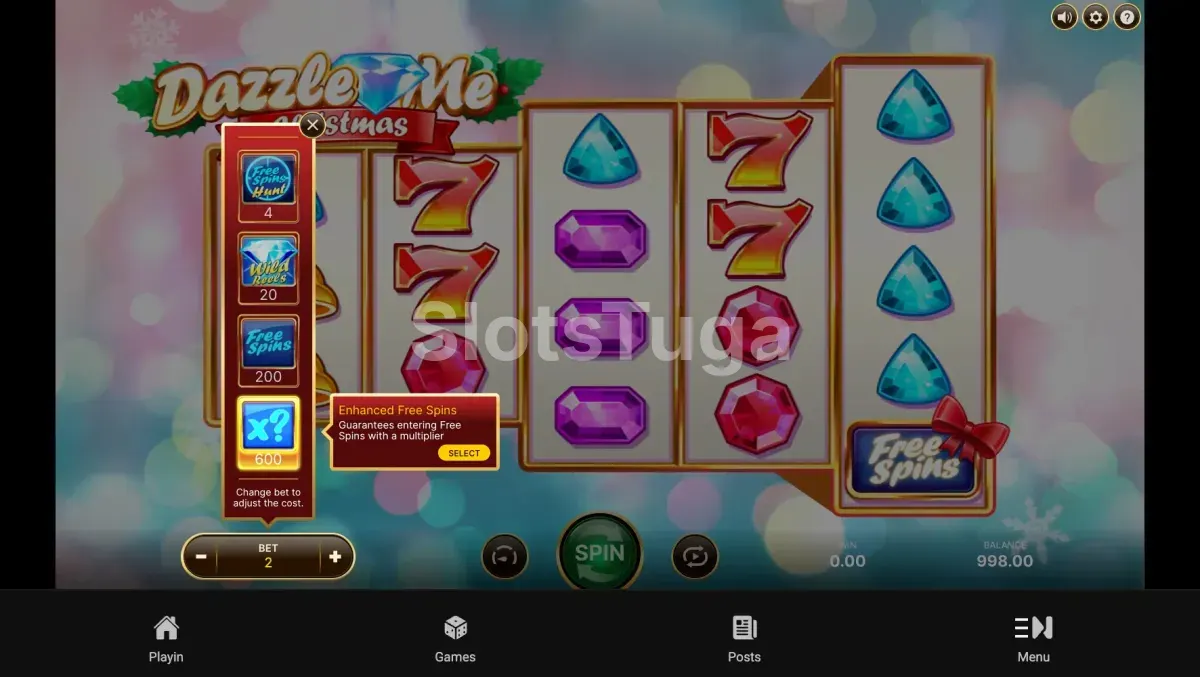 Tela de compra de bônus Elevate Feature do Dazzle Me Christmas com as quatro opções disponíveis