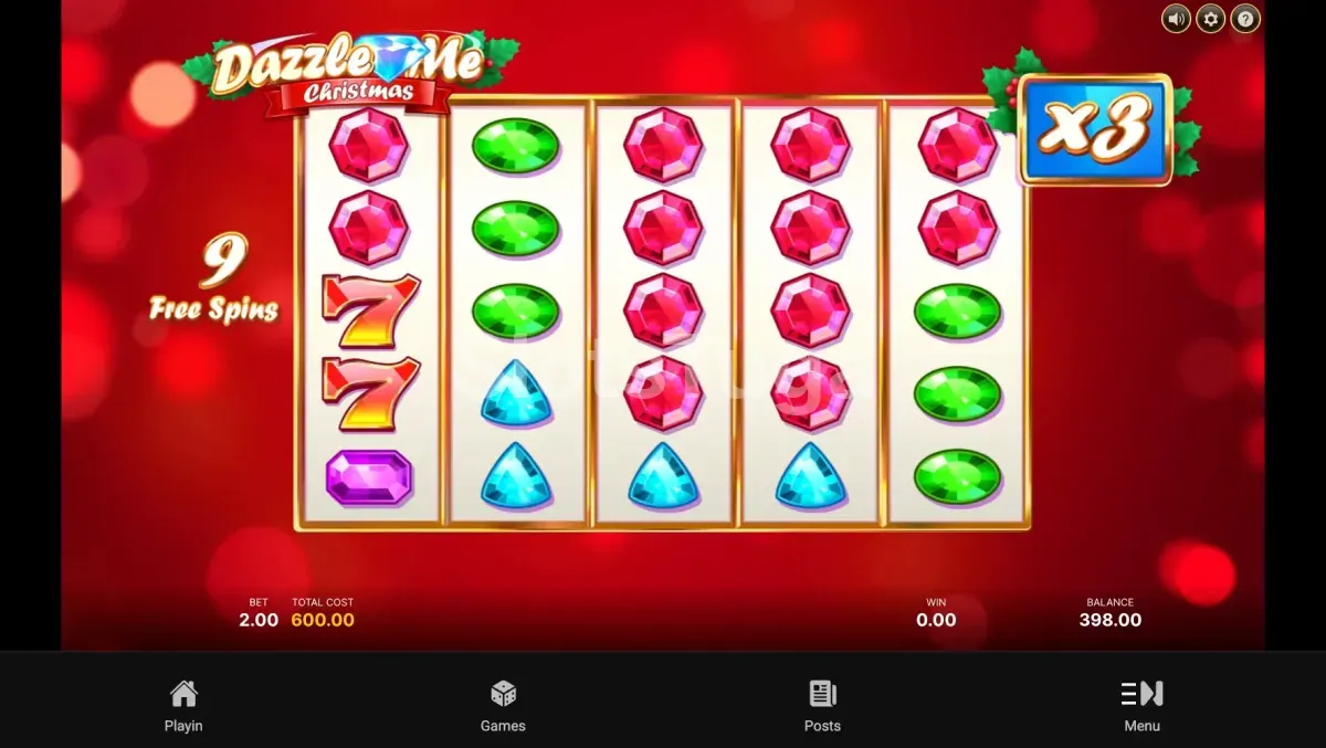 Modo de giros grátis do Dazzle Me Christmas com multiplicador ativo e rolos expandidos