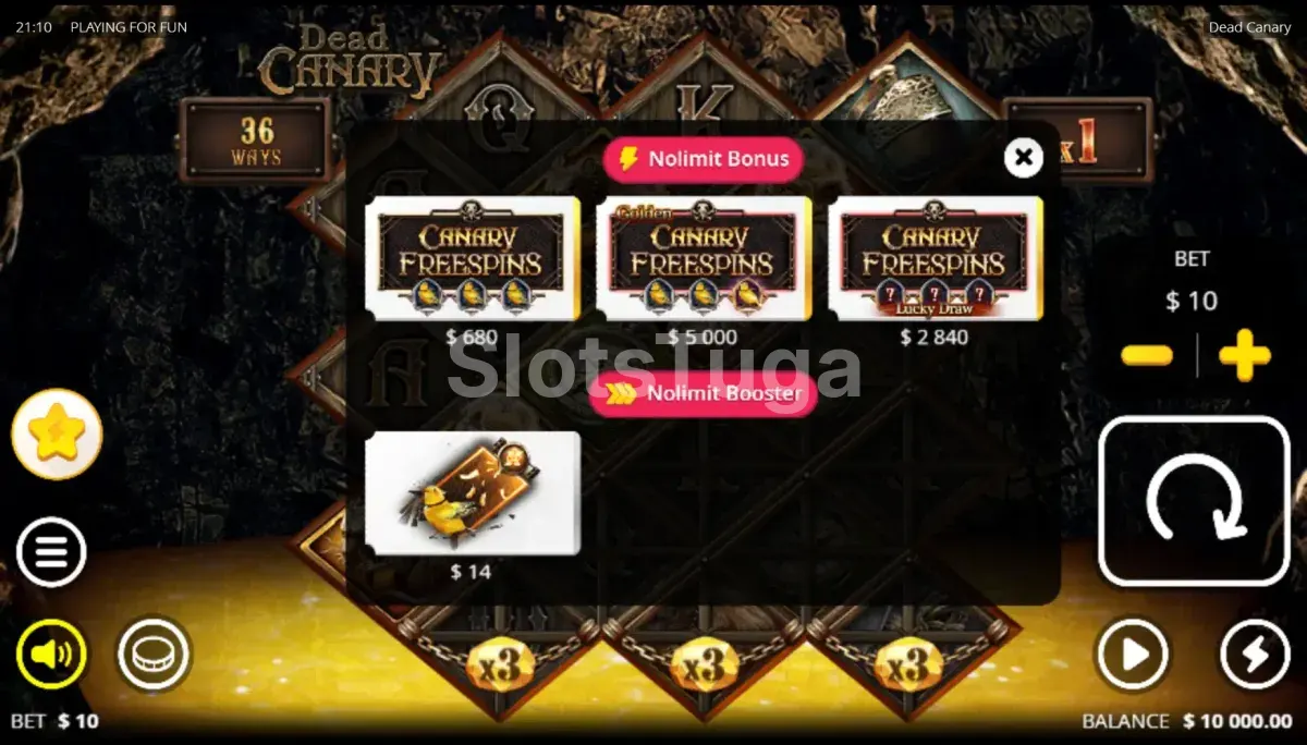Menu de compra de bônus da slot Dead Canary com as opções disponíveis