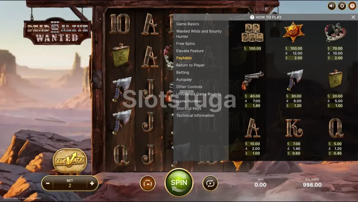 Tabela de pagamentos do Dead or Alive 3 Wanted mostrando os valores de cada símbolo
