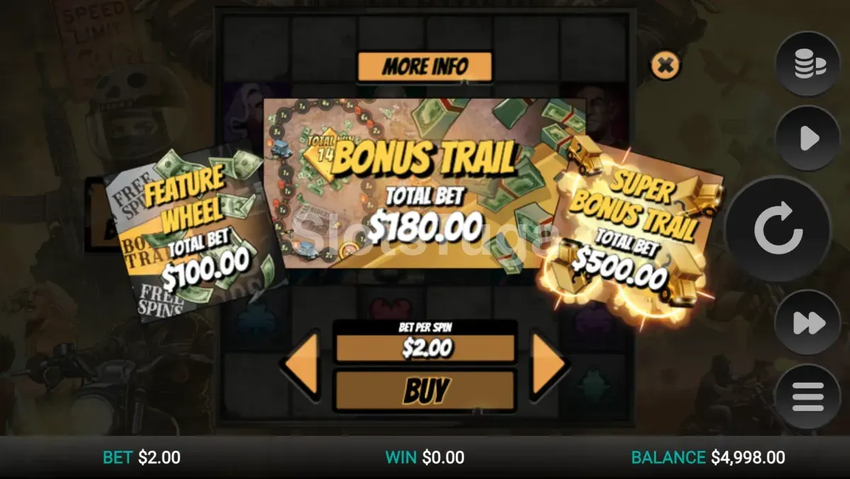Opções de compra de bônus na Dead Riders Trail com três escolhas de features