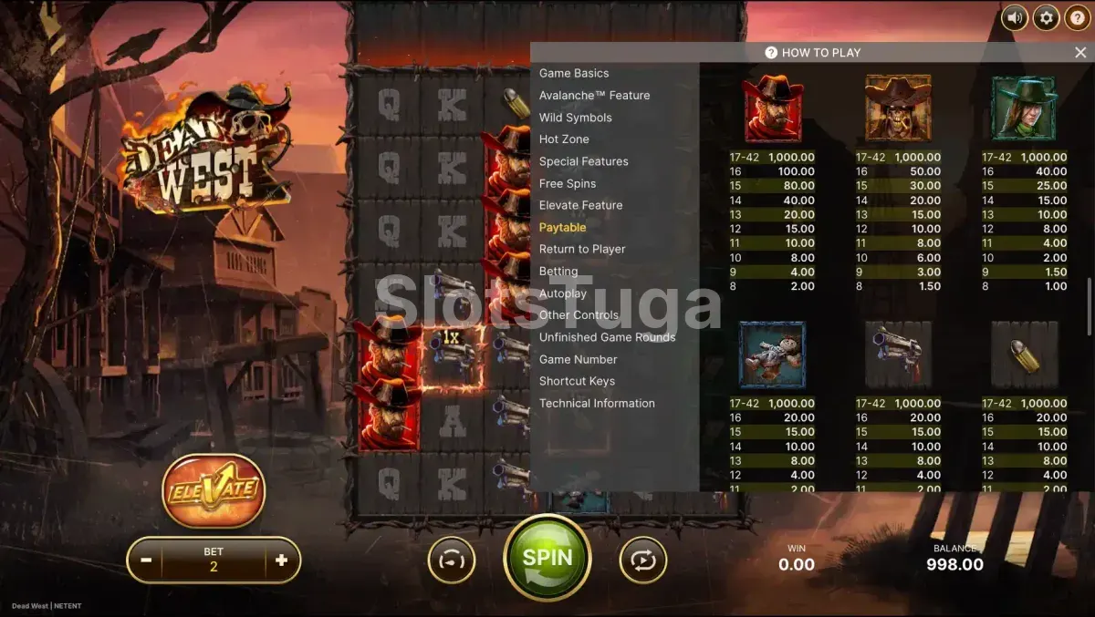 Tabela de pagamentos da Dead West mostrando símbolos e multiplicadores