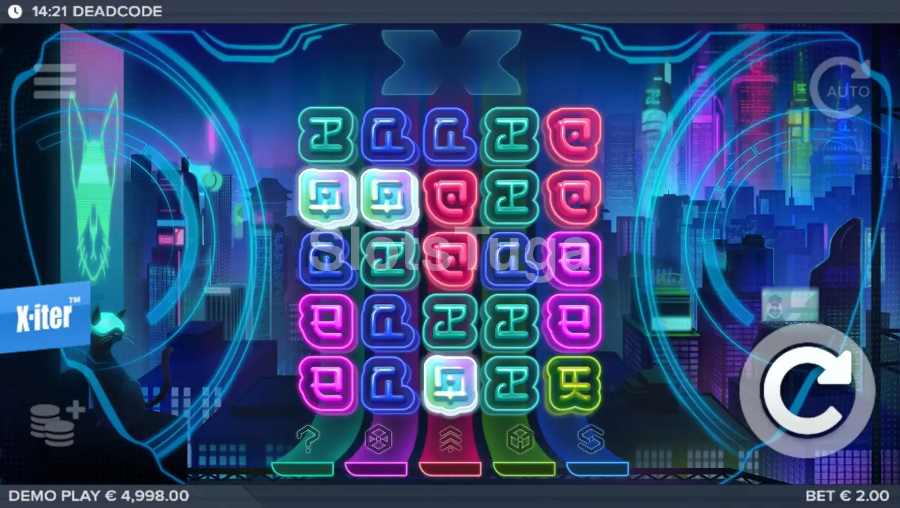 Jogo base da slot Deadcode com cenário cyberpunk